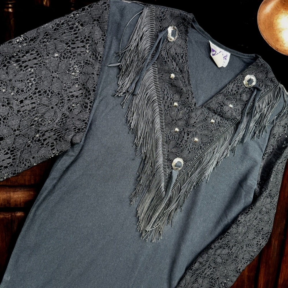 Vintage Sassa Shirt‎ Women M Black Western Fringe Lace Top Conchos 90s Cowgirl